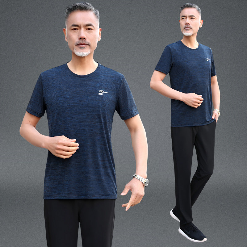 夏季冰丝短袖t恤男士大码爸爸装休闲两件套速干中老年运动服套装