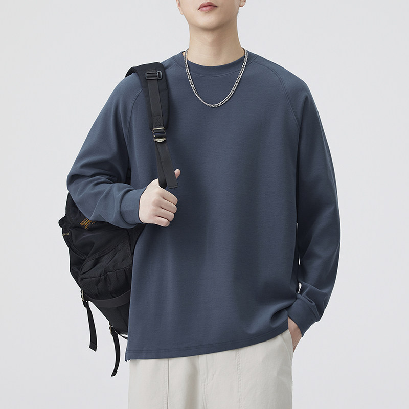 290g磨毛针织平纹 春秋款纯棉长袖t恤男士宽松打底衫纯色上衣服潮