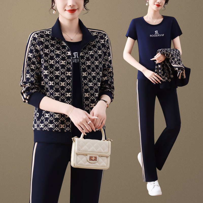 中年妈妈春装2025新款外套洋气中老年运动套装女春秋跑步服三件套