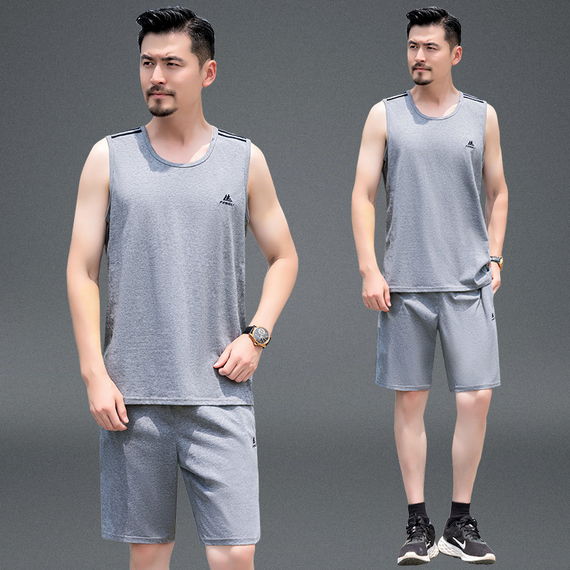 爸爸冰丝运动套装男士夏季无袖t恤背心中老年人速干休闲篮球衣服