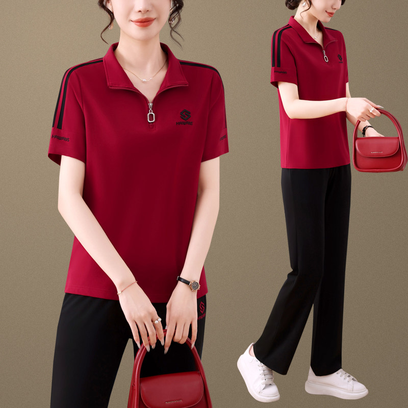 妈妈夏装短袖T恤上衣中老年人休闲运动套装女夏两件套母亲节衣服