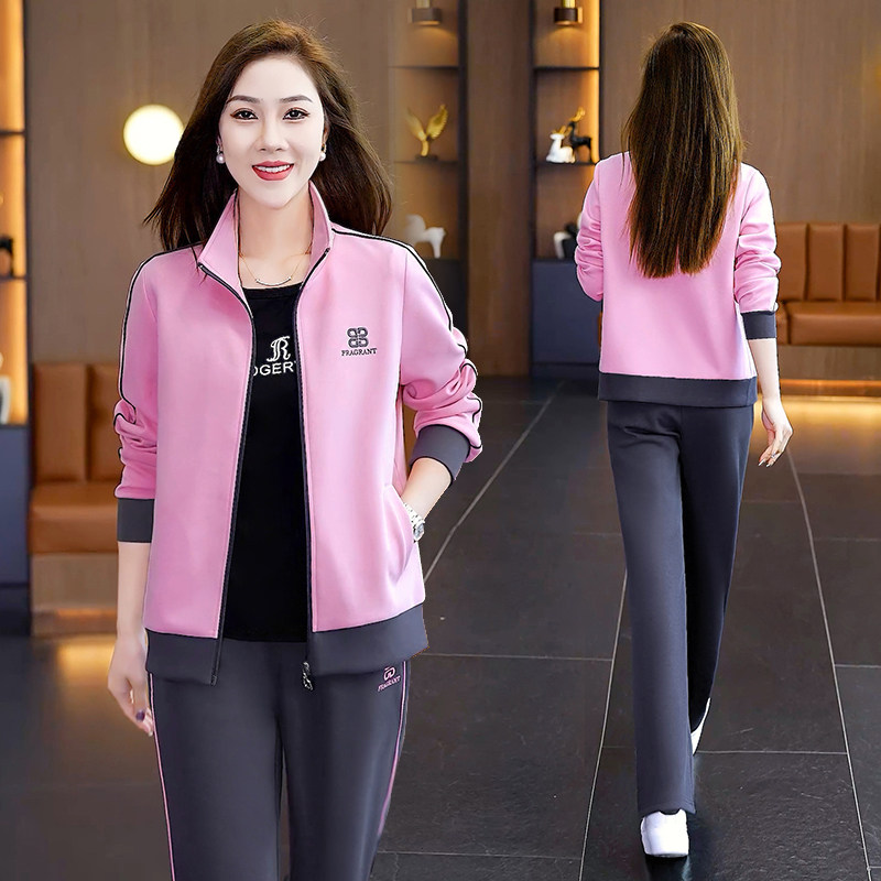 运动套装女春秋2025新款时尚大码撞色长袖休闲跑步服卫衣两件套潮