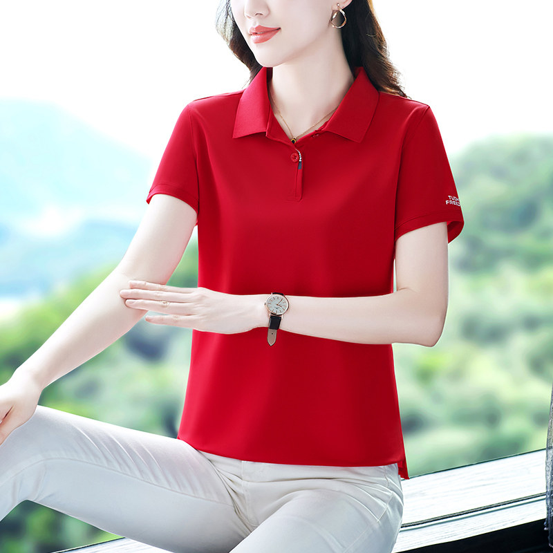 冰丝翻领短袖t恤女夏季大码中年妈妈带领体恤显瘦上衣速干polo衫