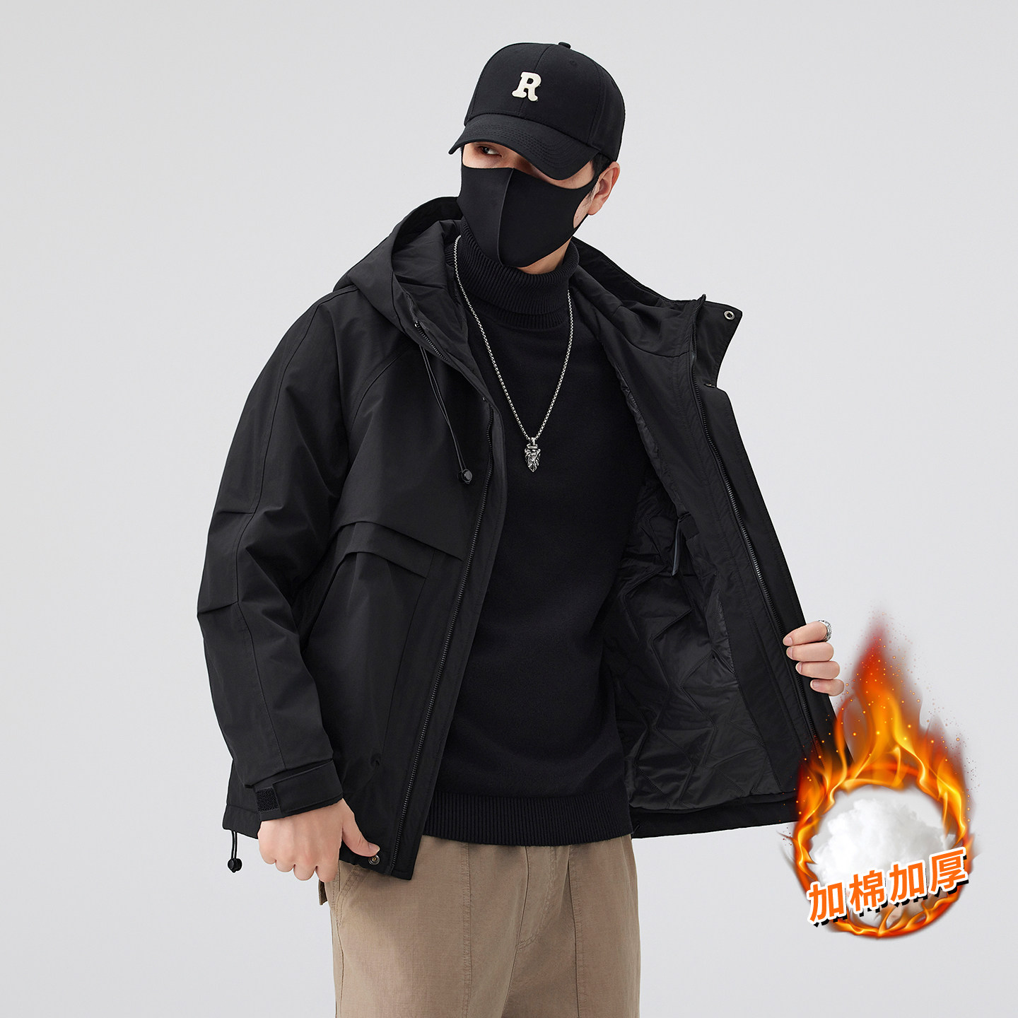 品牌夹克男休闲工装外套秋冬高级感美式茄克衫男棉衣二棉连帽上衣