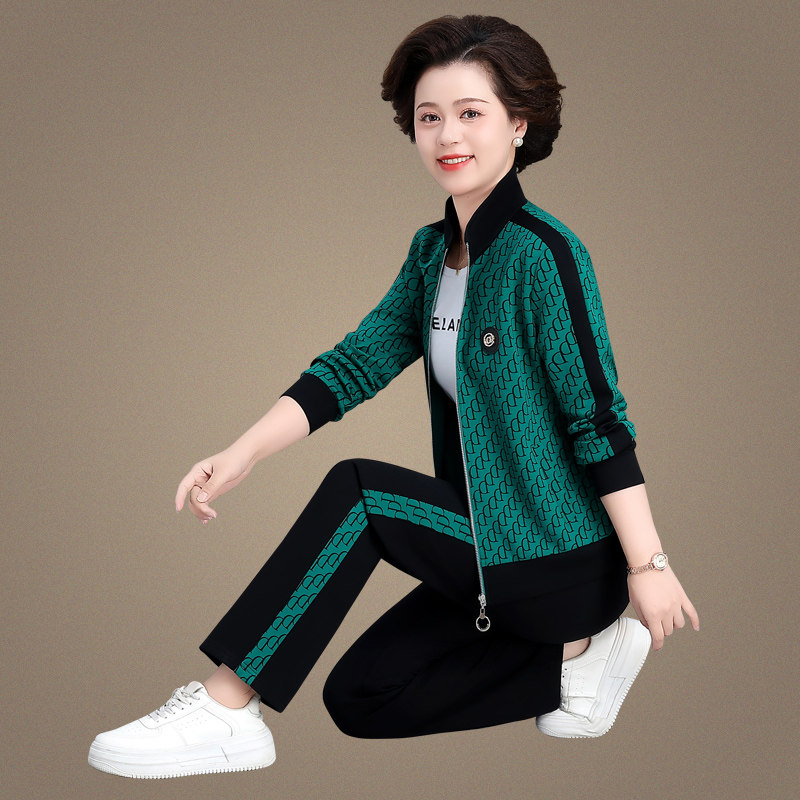 中年妈妈春装套装2025新款中老年女式春秋外套休闲运动服女三件套