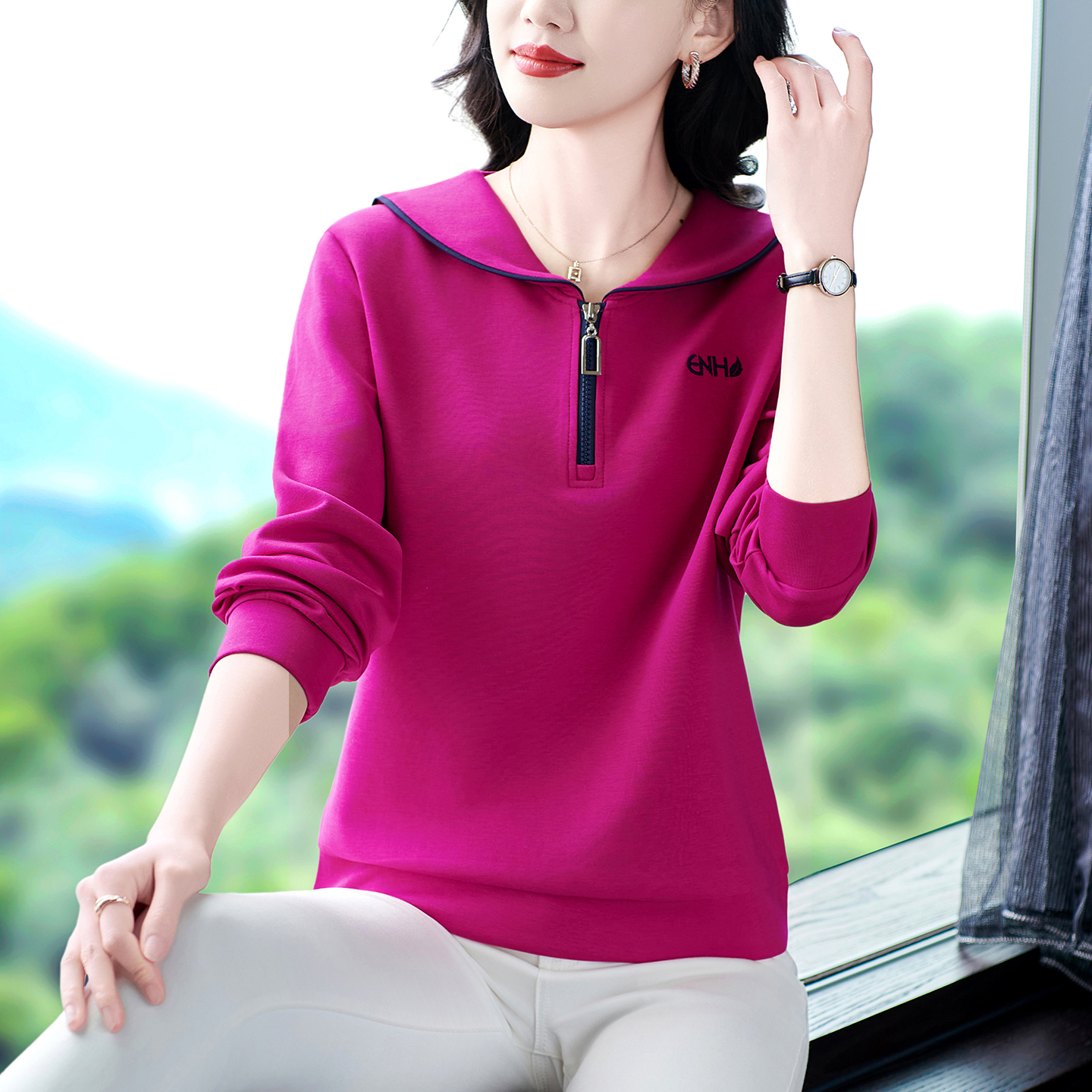 莫代尔棉时尚女休闲卫衣春秋轻奢百搭运动服上衣套头海军领女秋装