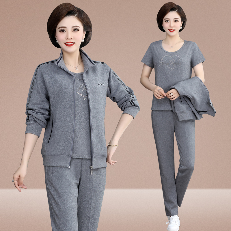 妈妈运动服套装春秋洋气中年人上衣40岁50中老年春装外套女三件套