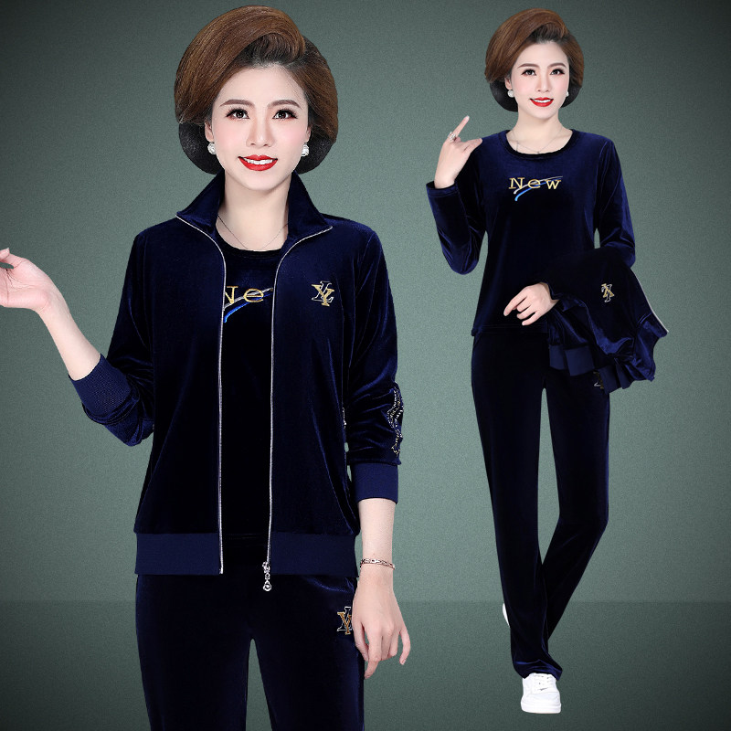 中老年女装妈妈秋装休闲外套金丝绒运动服中年人洋气上衣三件套装