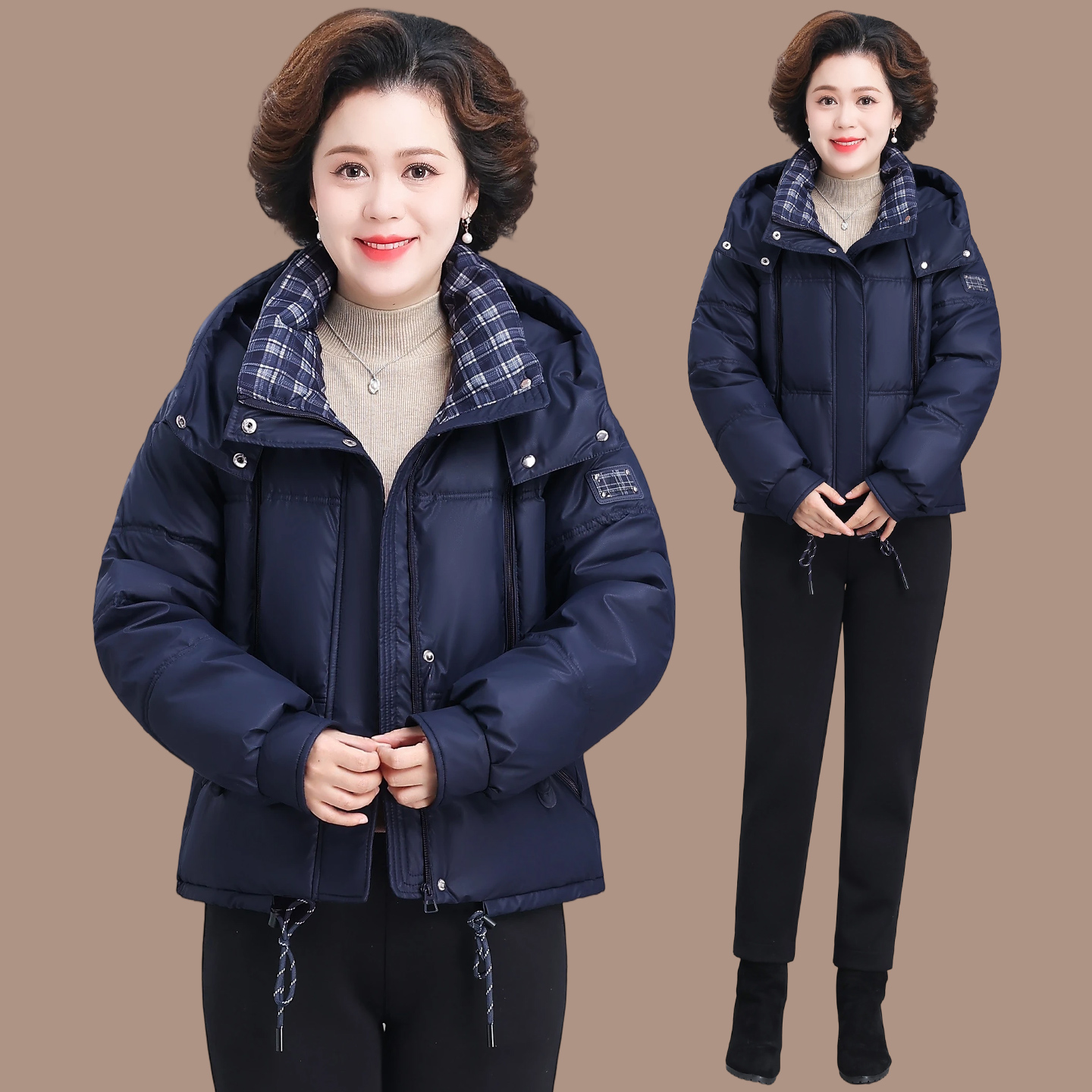 品牌气质妈妈冬装时尚棉衣中年纯色翻领短款外套中老年女羽绒棉服