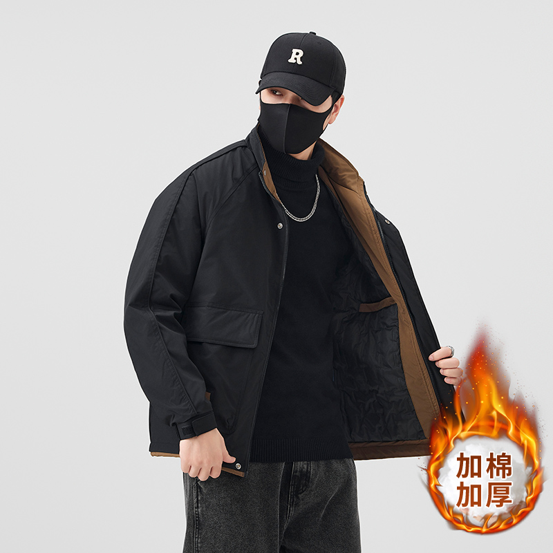 品牌冬季棉服男士加厚保暖立领美式外套拼接撞色工装宽松大码棉衣