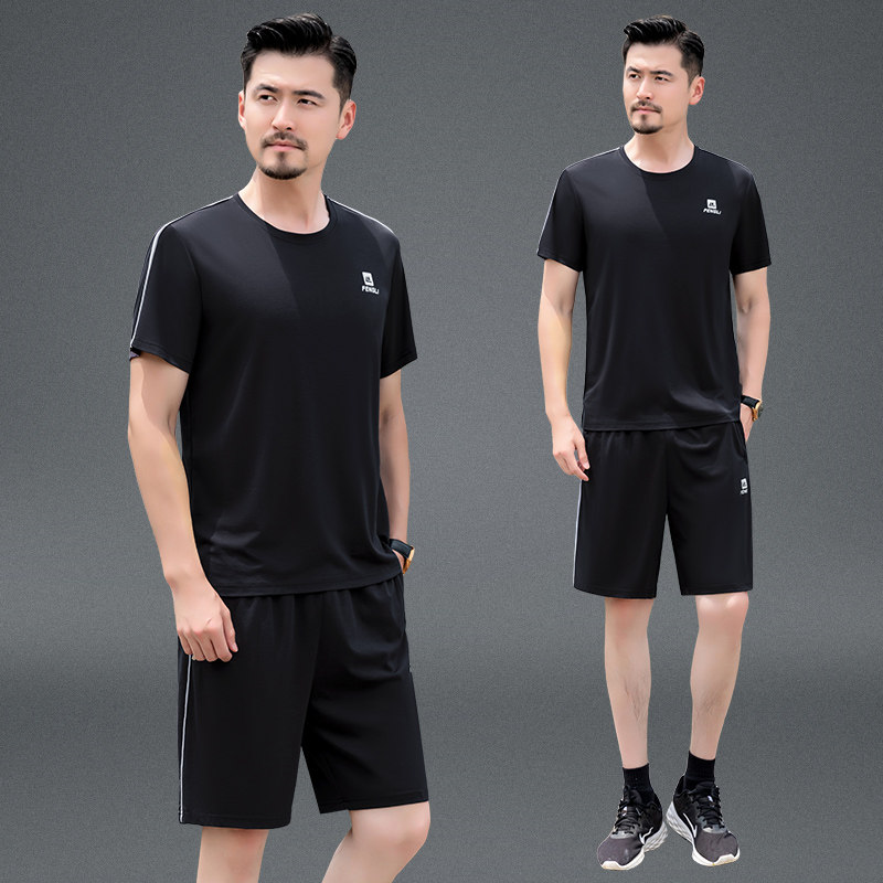 夏季速干短袖t恤短裤中老年休闲运动服薄款爸爸冰丝运动套装男士
