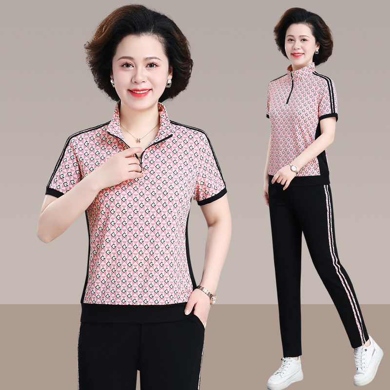 小个子妈妈夏装运动套装洋气中年女士上衣中老年夏季短袖T恤大码