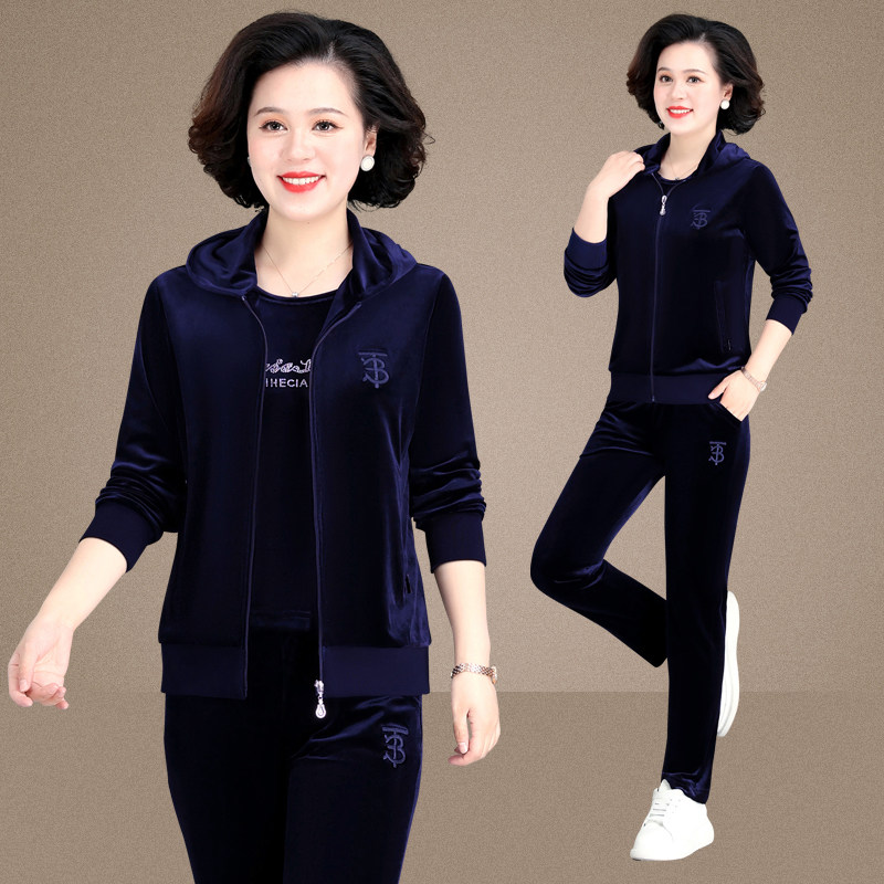 春季中年女装金丝绒套装女三件套
