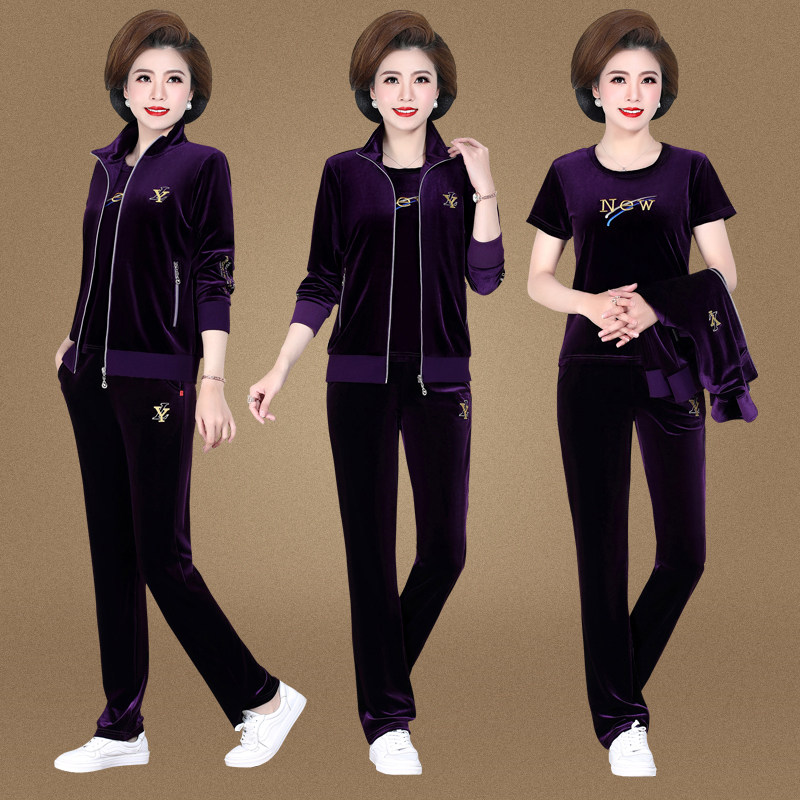 中年妈妈秋装外套洋气上衣中老年人金丝绒运动服套装女春秋两件套