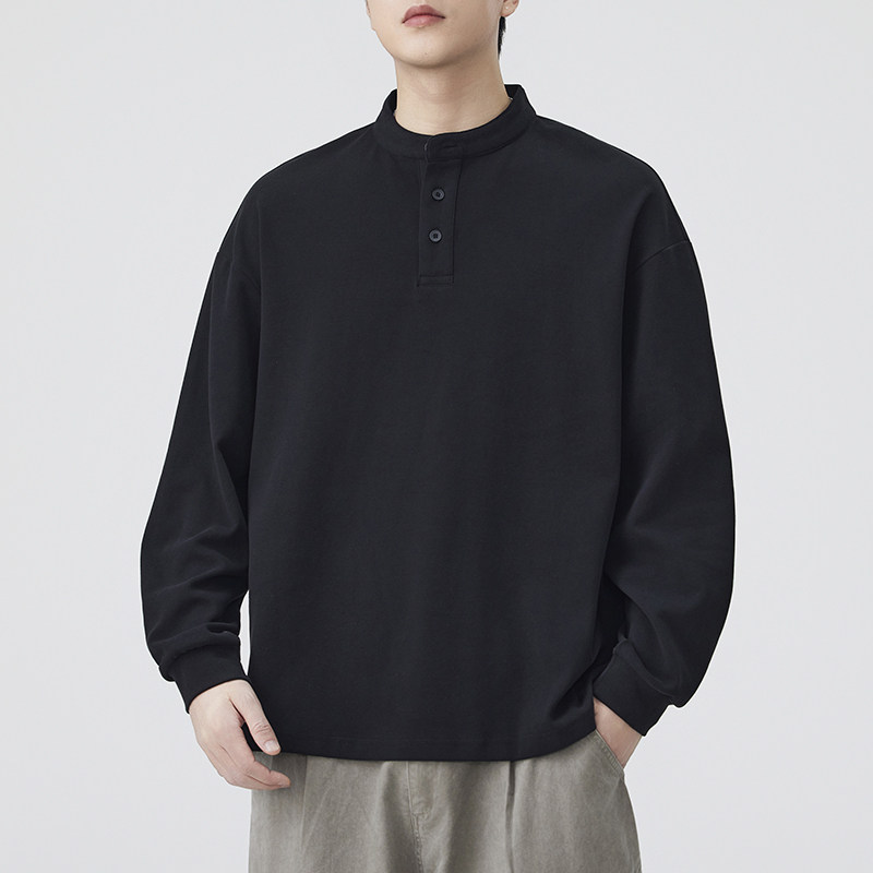 亨利领长袖T恤男款2025新款春秋季纯棉宽松休闲纯色打底衫卫衣男