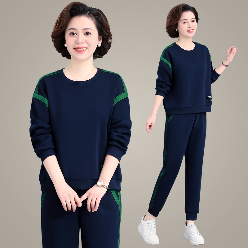 妈妈卫衣套装女春秋宽松大码40岁50中老年人圆领休闲运动服两件套