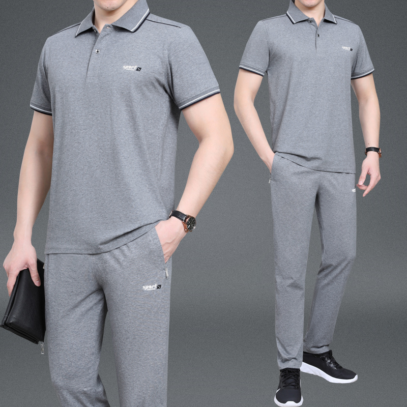 中年男士夏季短袖长裤运动套装中老年大码休闲运动服爸爸夏天半袖