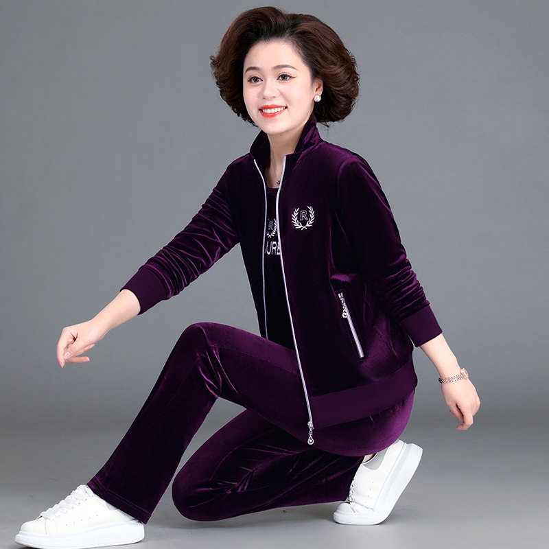 高档中老年人妈妈金丝绒套装女外套上衣中年女装运动装洋气春秋款