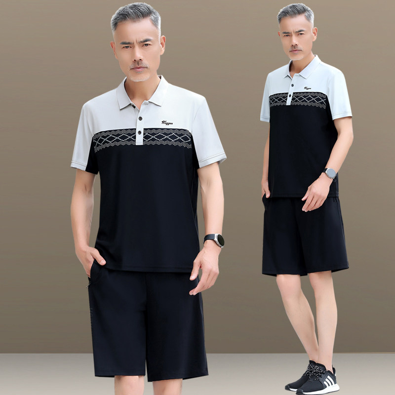 中年爸爸夏装冰丝套装短袖短裤宽松两件套中老年运动服套装男夏季