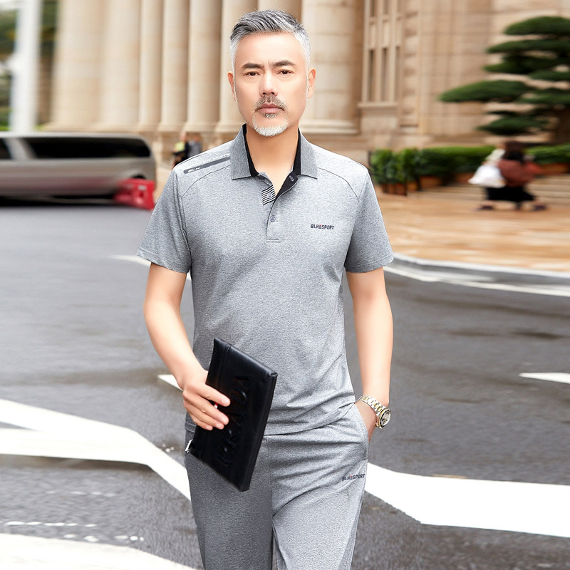 短袖长裤宽松中年人休闲中老年运动套装男夏季运动服男士爸爸夏装