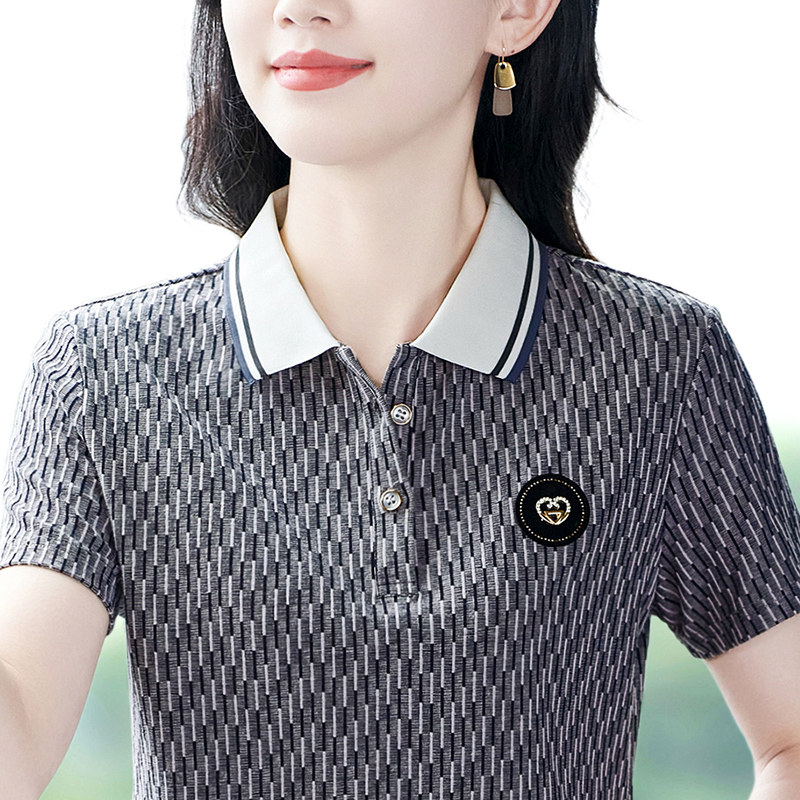 女士短袖t恤衫2025新款妈妈翻领体恤宽松提花上衣大码polo领夏装