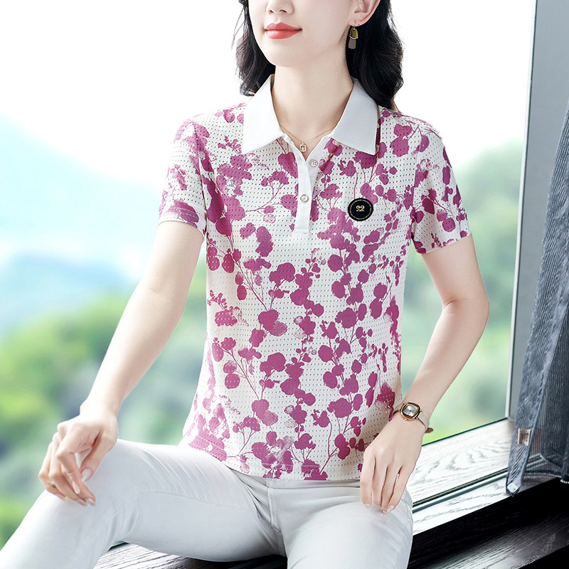 冰丝短袖t恤女夏季新款洋气妈妈夏装宽松印花体恤衫翻领迷彩上衣T