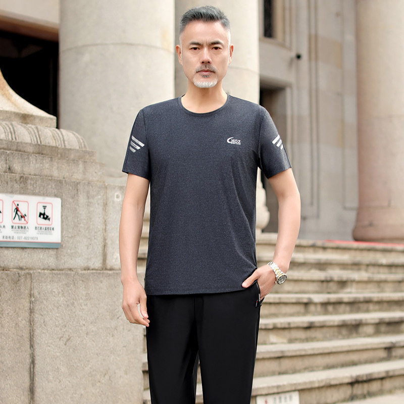 中老年男装爸爸装夏季短袖长裤两件套父亲冰丝T恤中年人运动套装