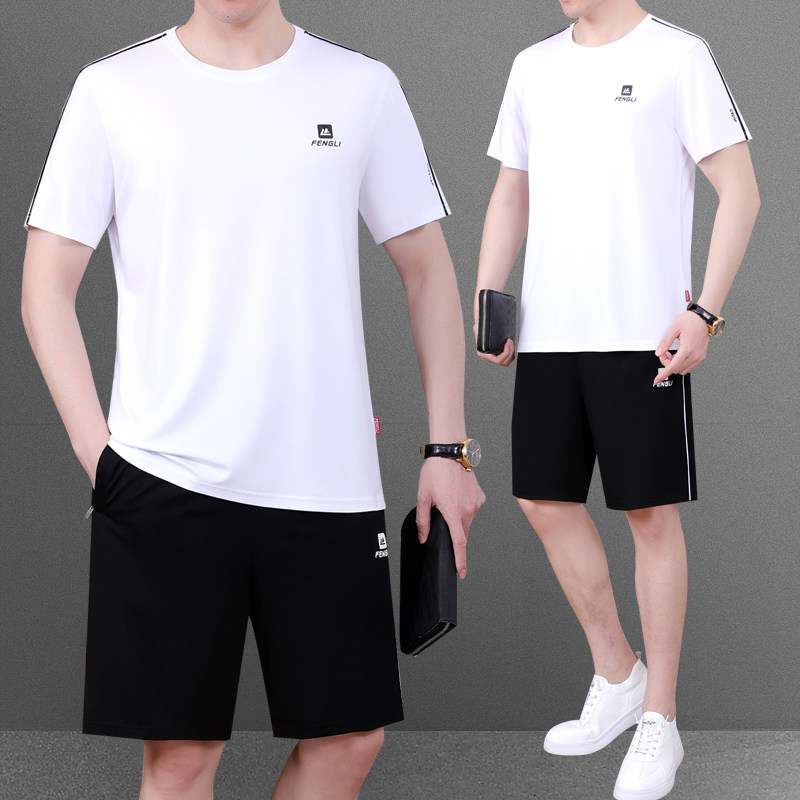 爸爸装夏装套装冰丝短袖t恤男士夏季中老年圆领父亲运动休闲衣服