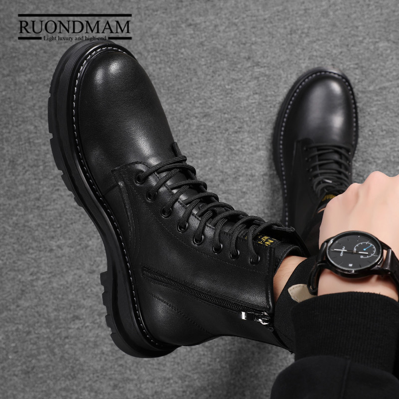RUONDMAM马丁靴男高帮休闲皮鞋英伦风男鞋冬季加绒男靴真皮靴子男