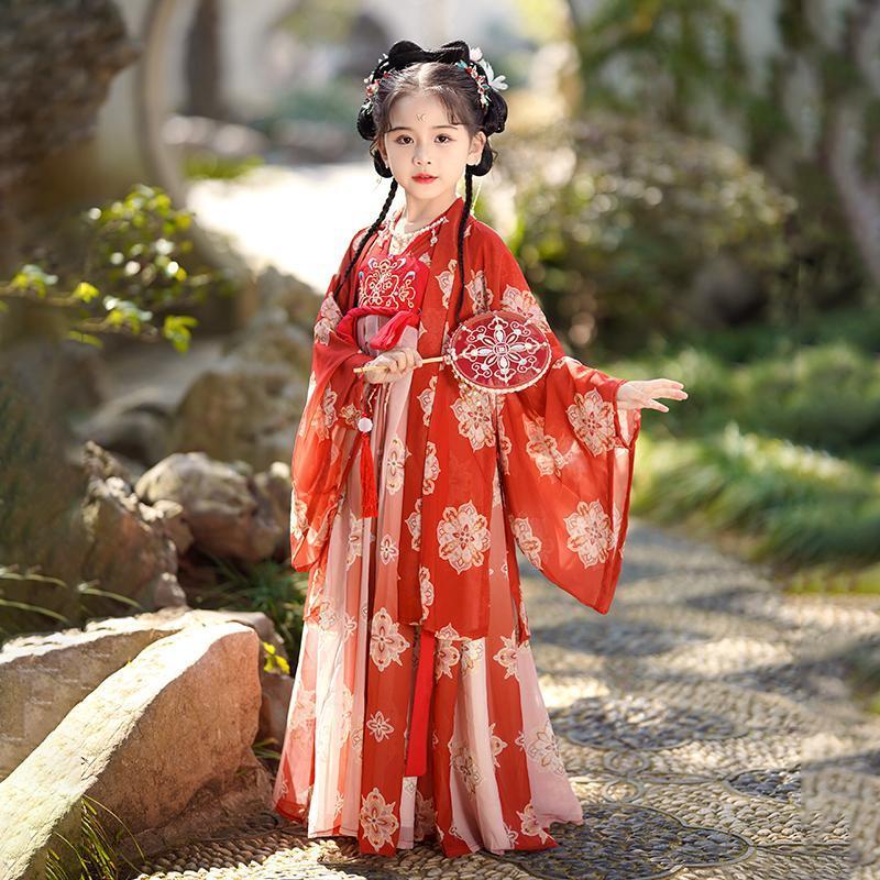 儿童汉服女童春秋款国风女孩古风连衣裙2023新款超仙红色襦裙秋季