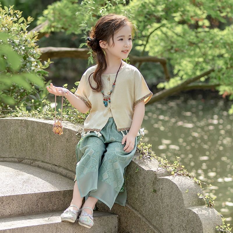 女童民族风夏装短袖套装2025新款中国风夏季女孩分体宽松两件套装