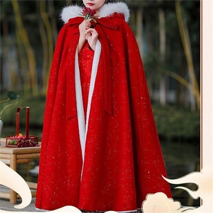 红色女童披风斗篷秋冬季儿童披肩汉服加绒古装拜年服外套外出大衣