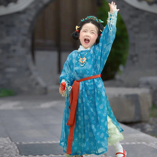 汉服女童唐制圆领袍复原款中国风儿童古装男童小少爷灯笼裤套装夏