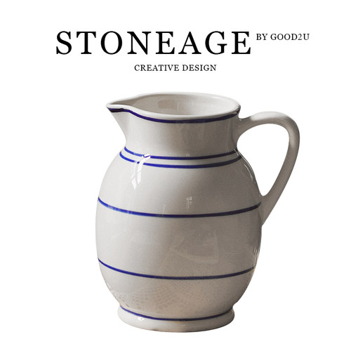 北欧简约手绘蓝白条纹花瓶小众复古设计感冷水壶客厅摆件插花收纳