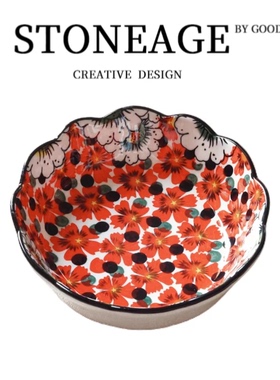 漫花嫣红碗家用复古餐具陶瓷沙拉碗釉下彩饭碗汤碗面碗盘子菜盘