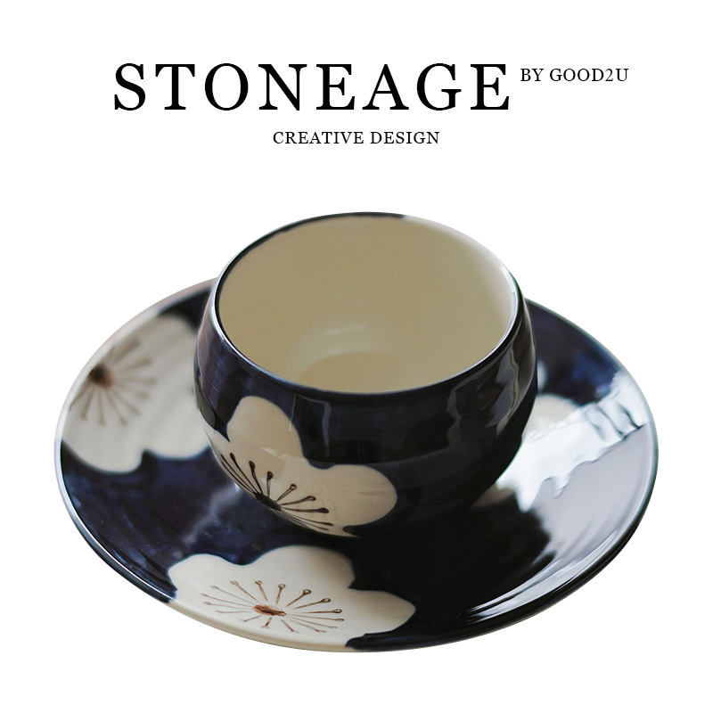 日式青花染纯手绘和风小白梅杯碟陶瓷釉下彩拉花拿铁咖啡杯碟