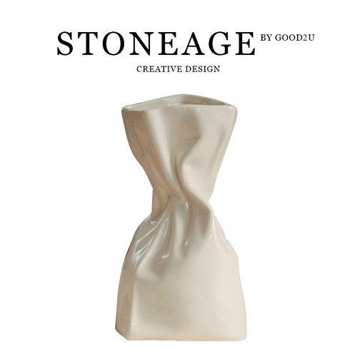 ins不规则褶皱纸袋陶瓷花瓶简约轻奢奶油风客厅小众艺术感摆件