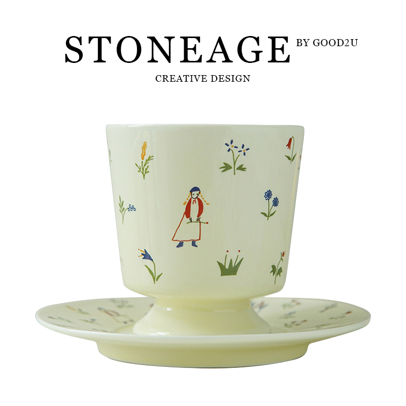 日式小众陶瓷手握杯碟卡通人简约手绘下午茶高颜值拉花复古咖啡杯