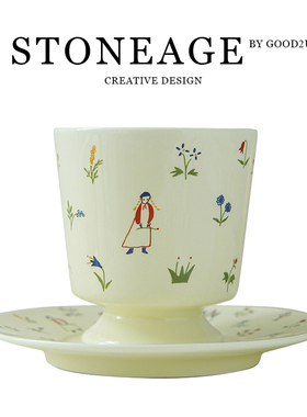 日式小众陶瓷手握杯碟卡通人简约手绘下午茶高颜值拉花复古咖啡杯