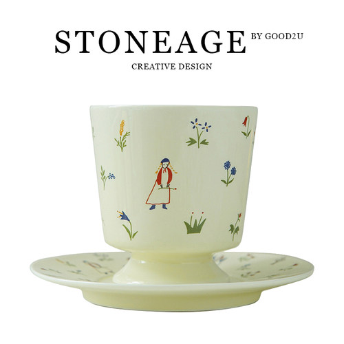 日式小众陶瓷手握杯碟卡通人简约手绘下午茶高颜值拉花复古咖啡杯