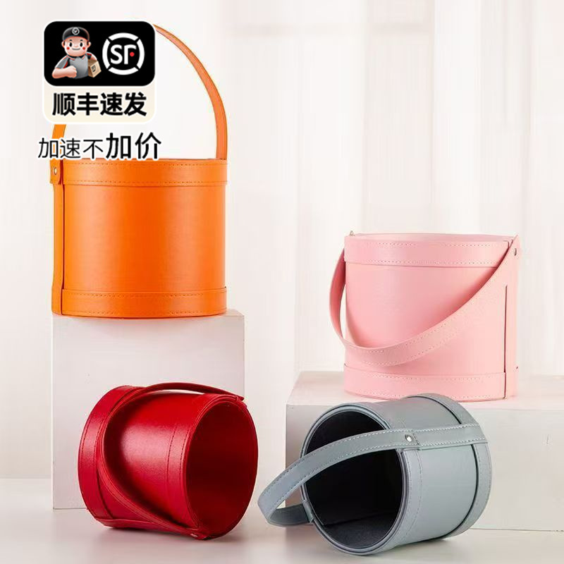 手提皮质抱抱桶 伴娘晨袍伴手礼桶宝宝满月回礼喜糖盒手提鲜花桶