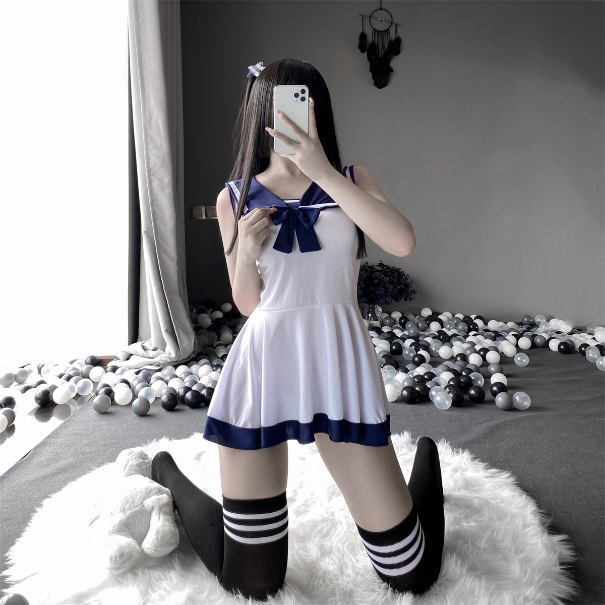 粘你的猫 心窝宝贝 甜美性感超短百褶裙免脱蝴蝶结长筒JK袜学生装