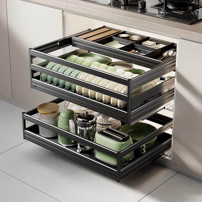 碗碟拉篮厨房收纳整体橱柜内置双层抽屉式碗篮铝合金三层碗盘柜锅,家装主材,拉篮,淘宝优惠券,粉丝福利购,淘宝优惠卷