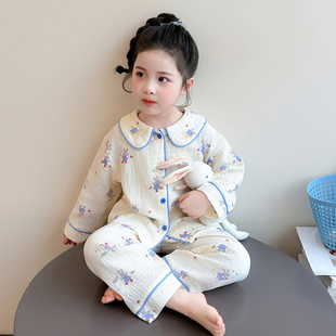 女童睡衣套装春秋新款可爱KT猫家居服纯棉纱布翻领开衫女宝宝长袖