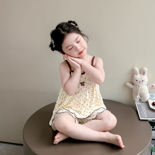 女童睡衣套装吊带圆点樱桃夏季莫代尔女宝宝小童空调服洋气两件套