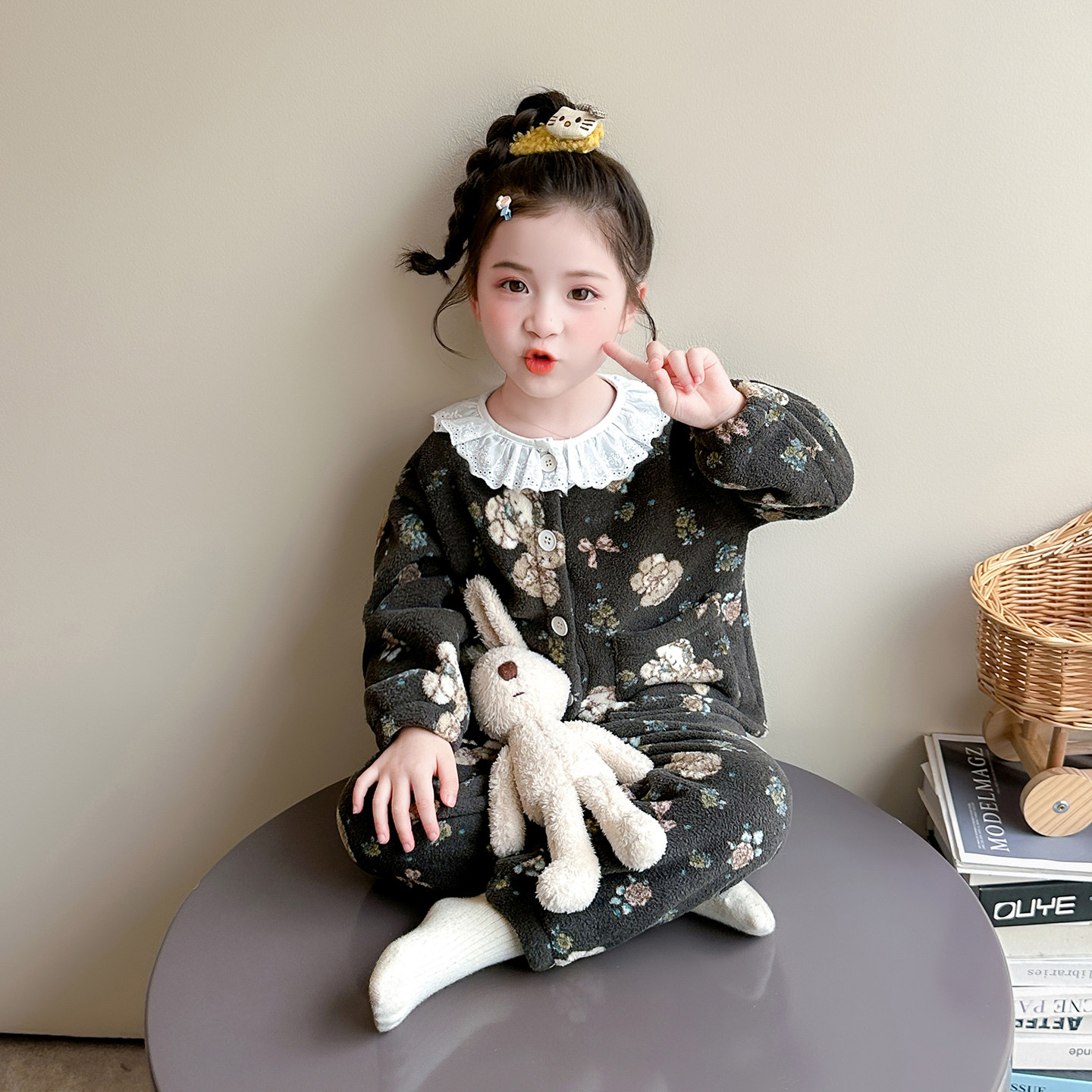女童睡衣套装保暖法兰绒女宝宝小熊花边领开衫儿童珊瑚绒款家居服图片
