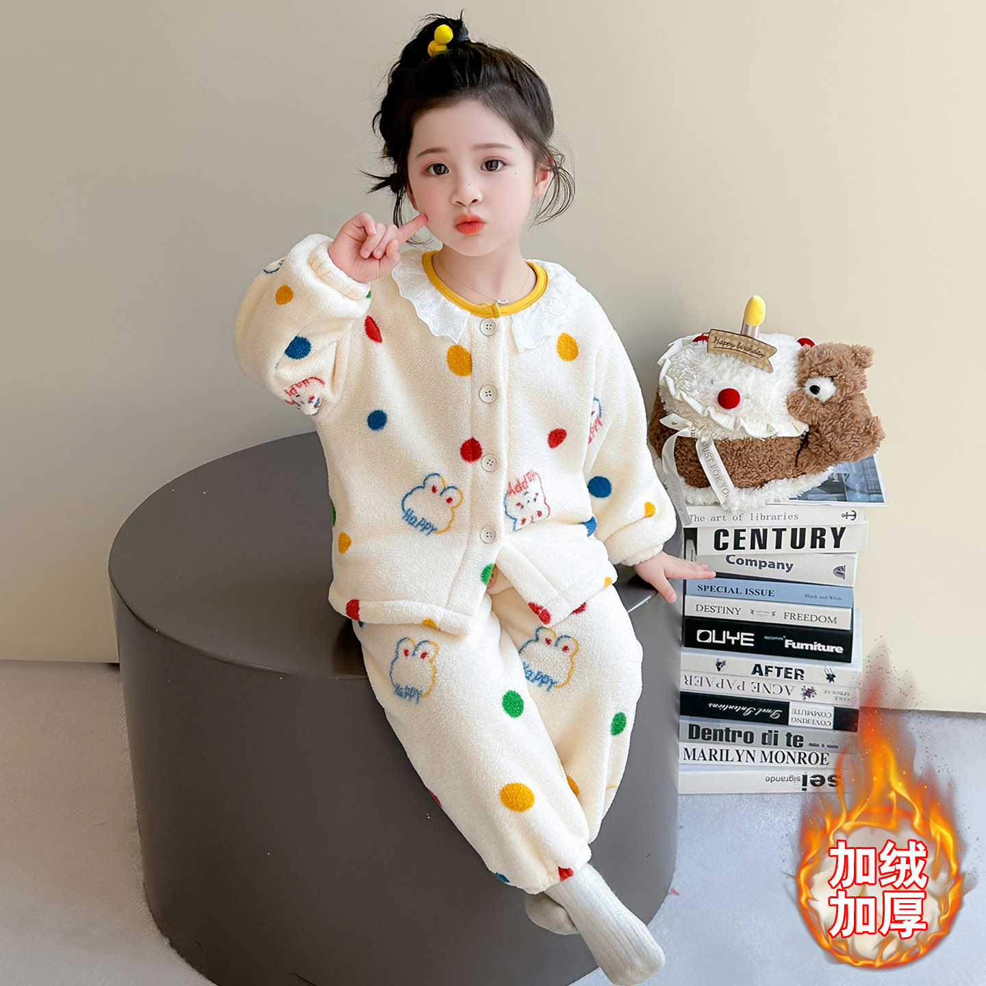 女童睡衣套装2025新款秋冬女宝宝珊瑚绒加绒加厚保暖法兰绒家居服