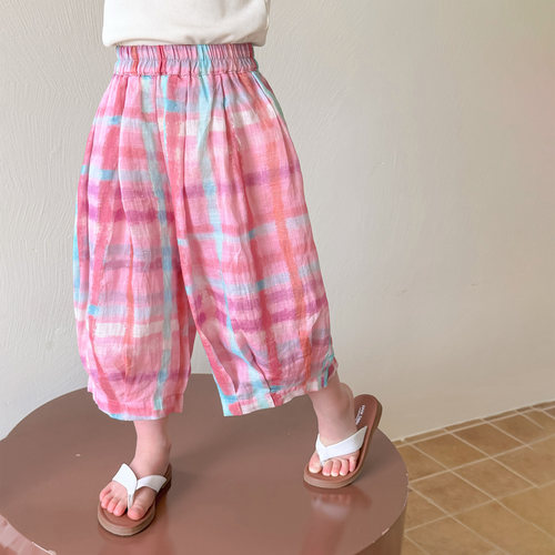 女童裤子休闲春夏季薄款舒适儿童九分裤炫彩格子洋气女宝宝阔腿裤