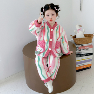 女童睡衣套装2026新款女宝宝秋冬珊瑚绒美乐蒂开衫家居服法兰绒款
