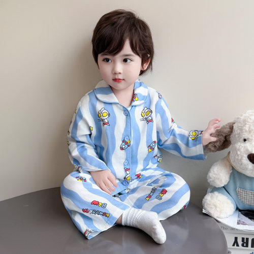 男童睡衣套装春秋新款开衫翻领条纹奥特曼纯棉男宝宝家居服长袖款